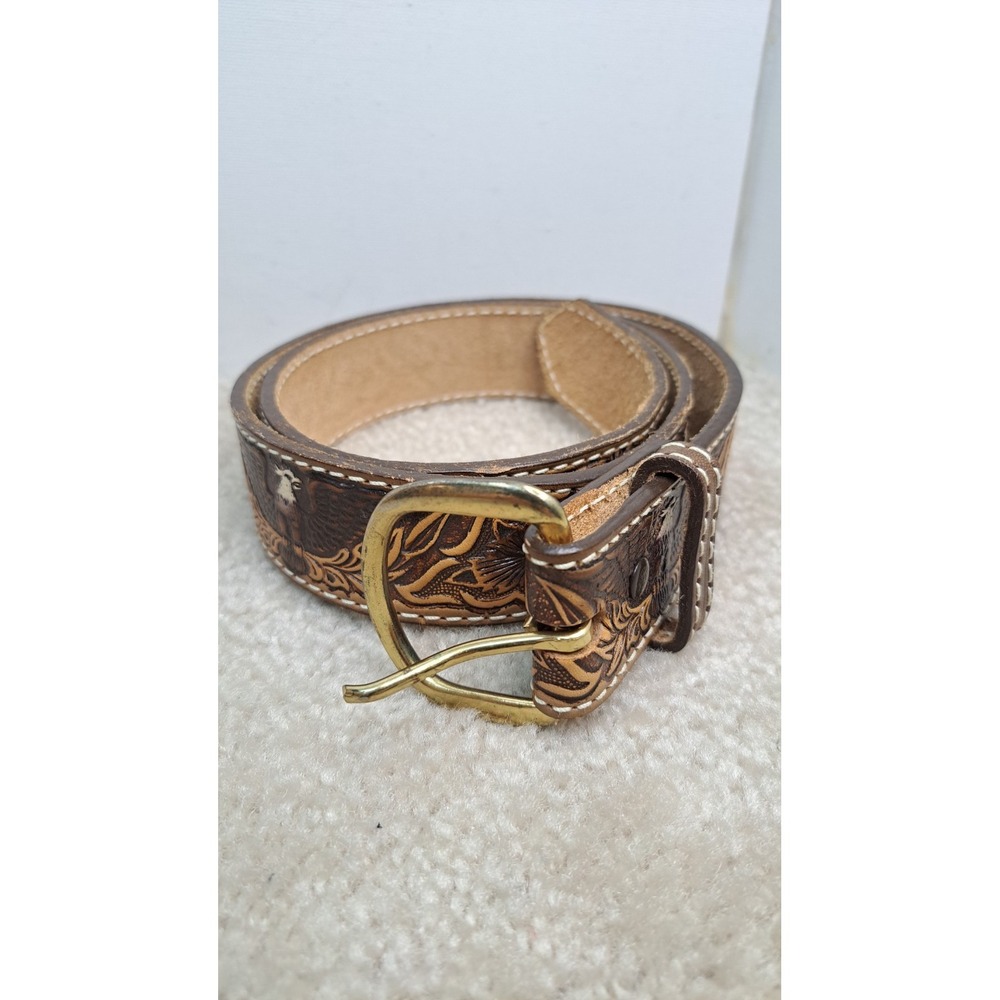 3D Belt Co Vintage Western Brown Tooled Leather Belt Size 34 Full Grain USA 261